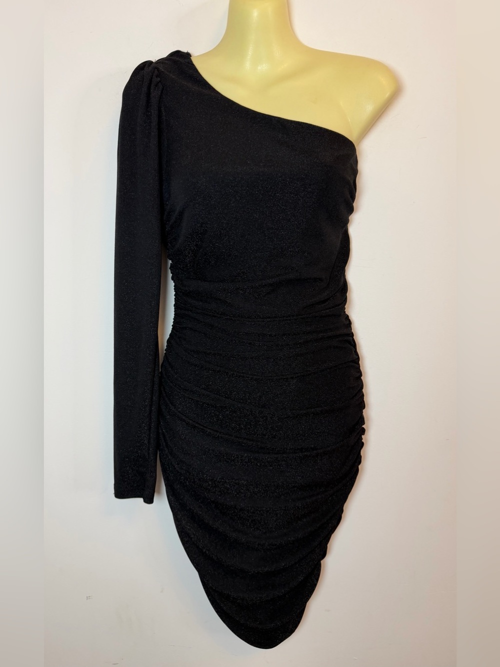 Windsor One-Shoulder Shimmery Black Ruched Bodycon Dress